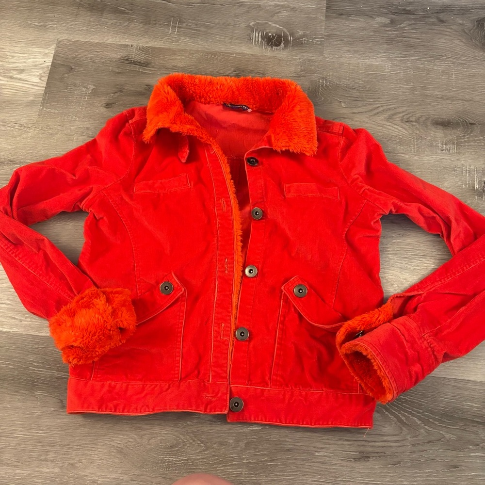 Vintage y2k Antidote Red Corduroy Jacket with Faux Fur Collar